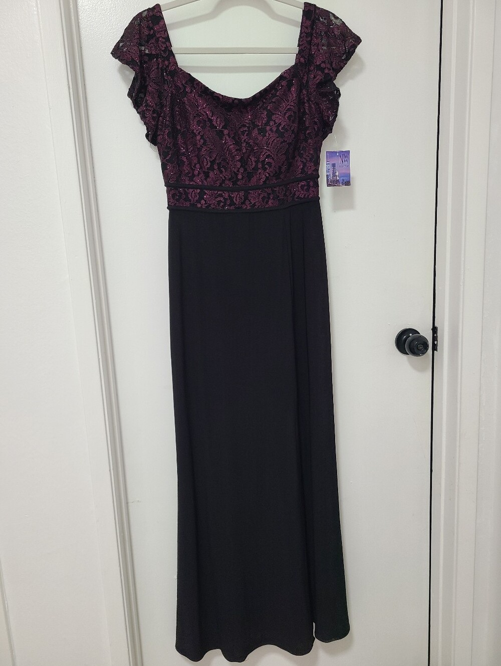 Night Way Collections Black Maxi Dress with Plum Lace Bodice - Picture 2 of 6